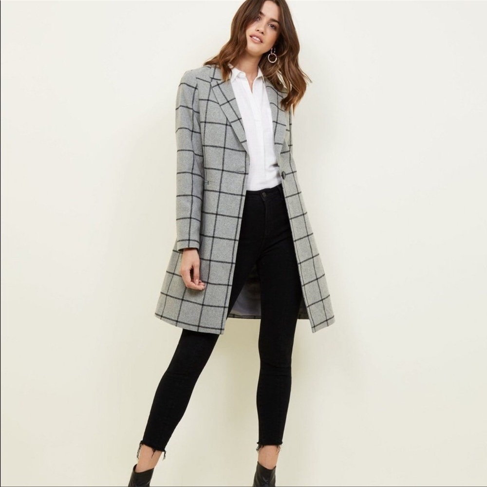 New Look Grey Grid Check Long Coat